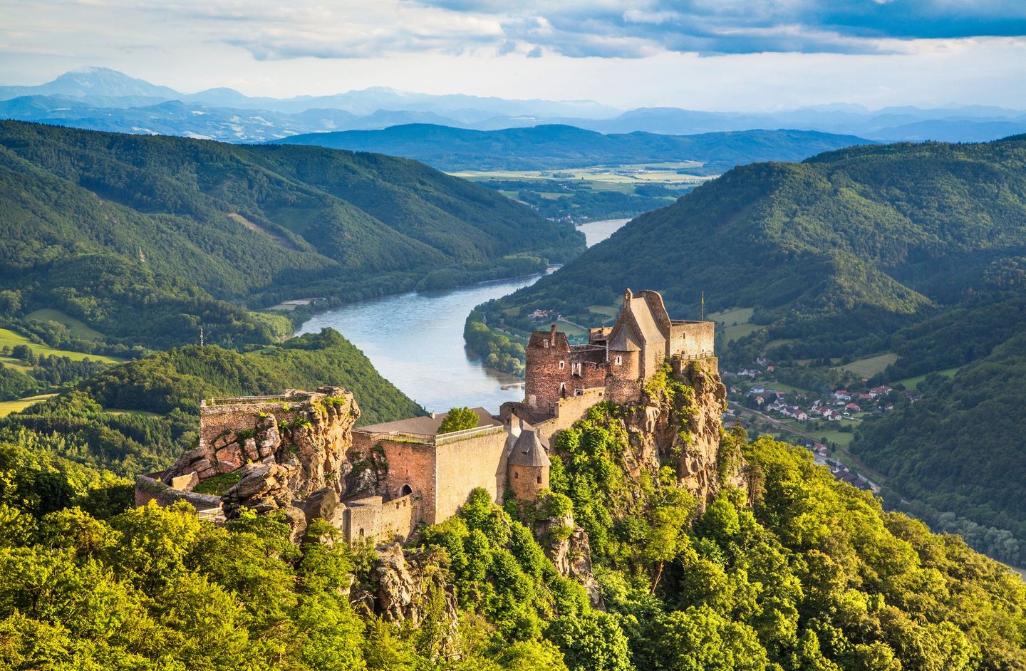 Aggstein Castle with the Danube in the background in Austria's Wachau Valley