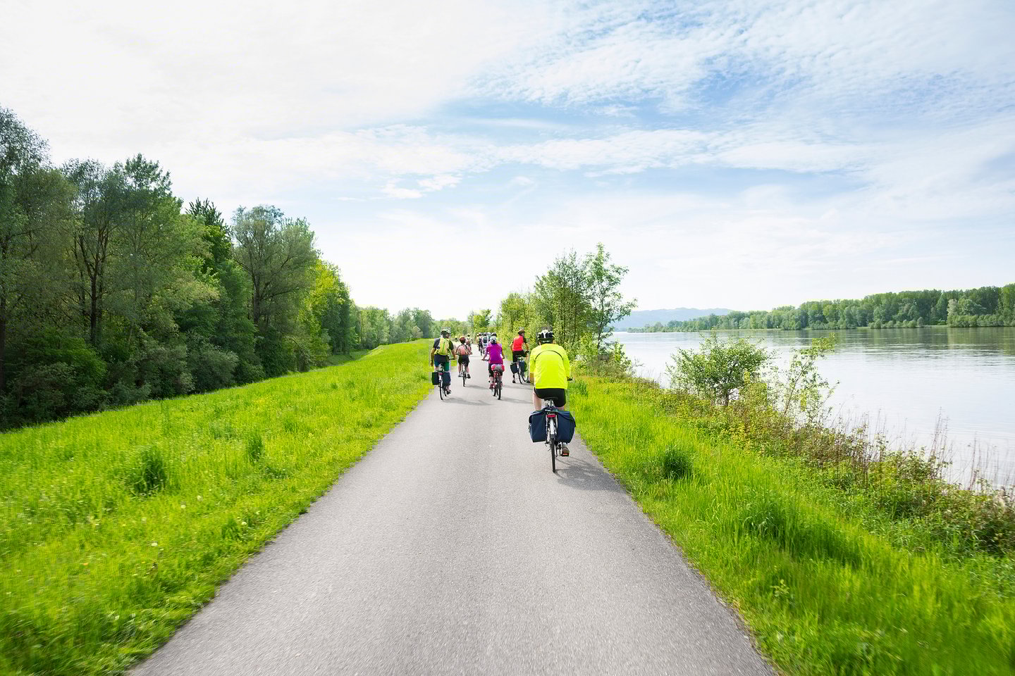 A group of people cycling along the Danube in the Wachau Valley, Austria