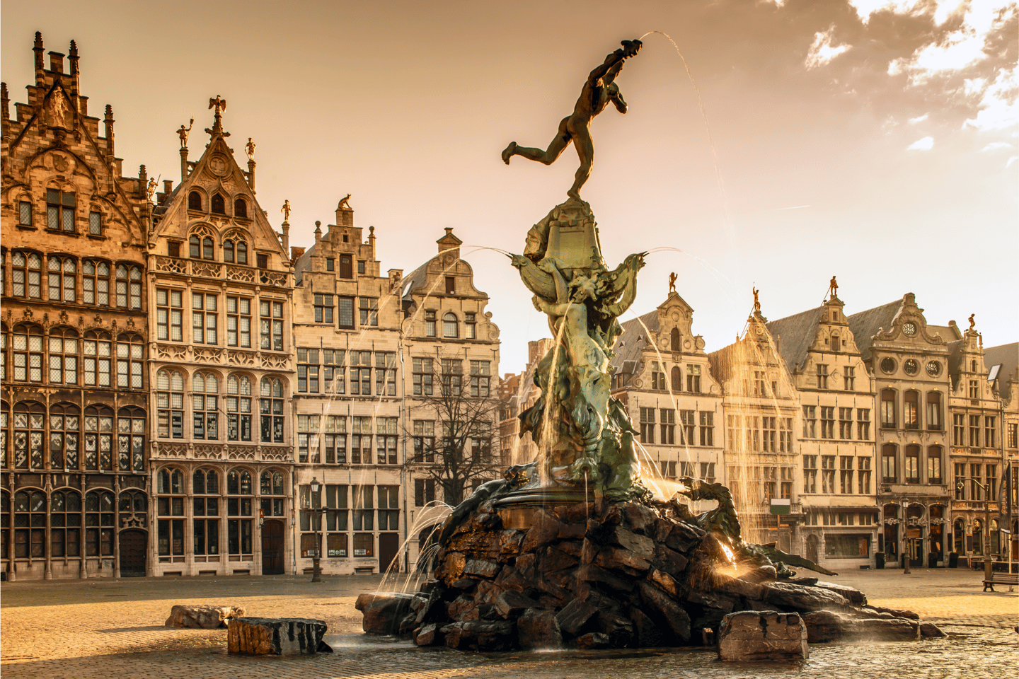 Brabo fountain in front of the town hall on the Great Market Square of Antwerp, Belgium
