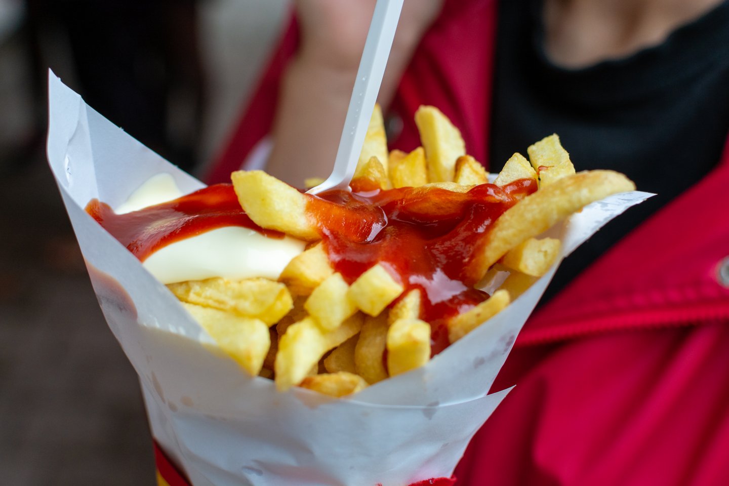Belgian frites served with tomato sauce and mayonaise