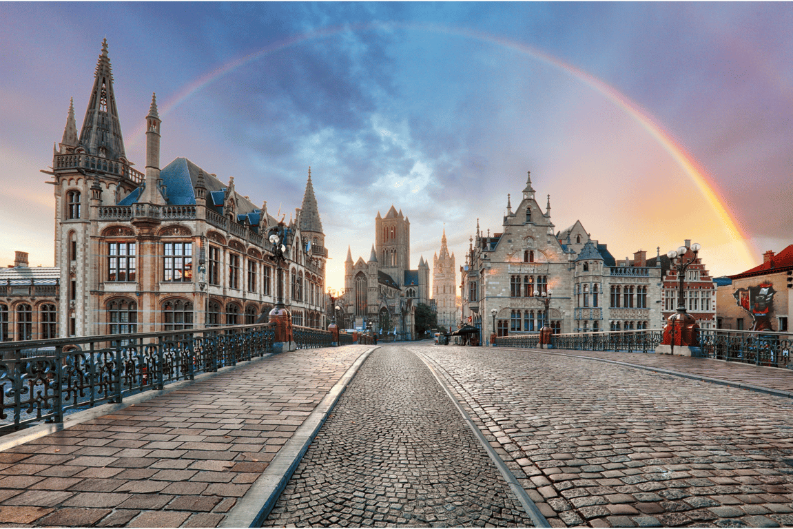 A rainbow over the old town of Ghent, Belgium