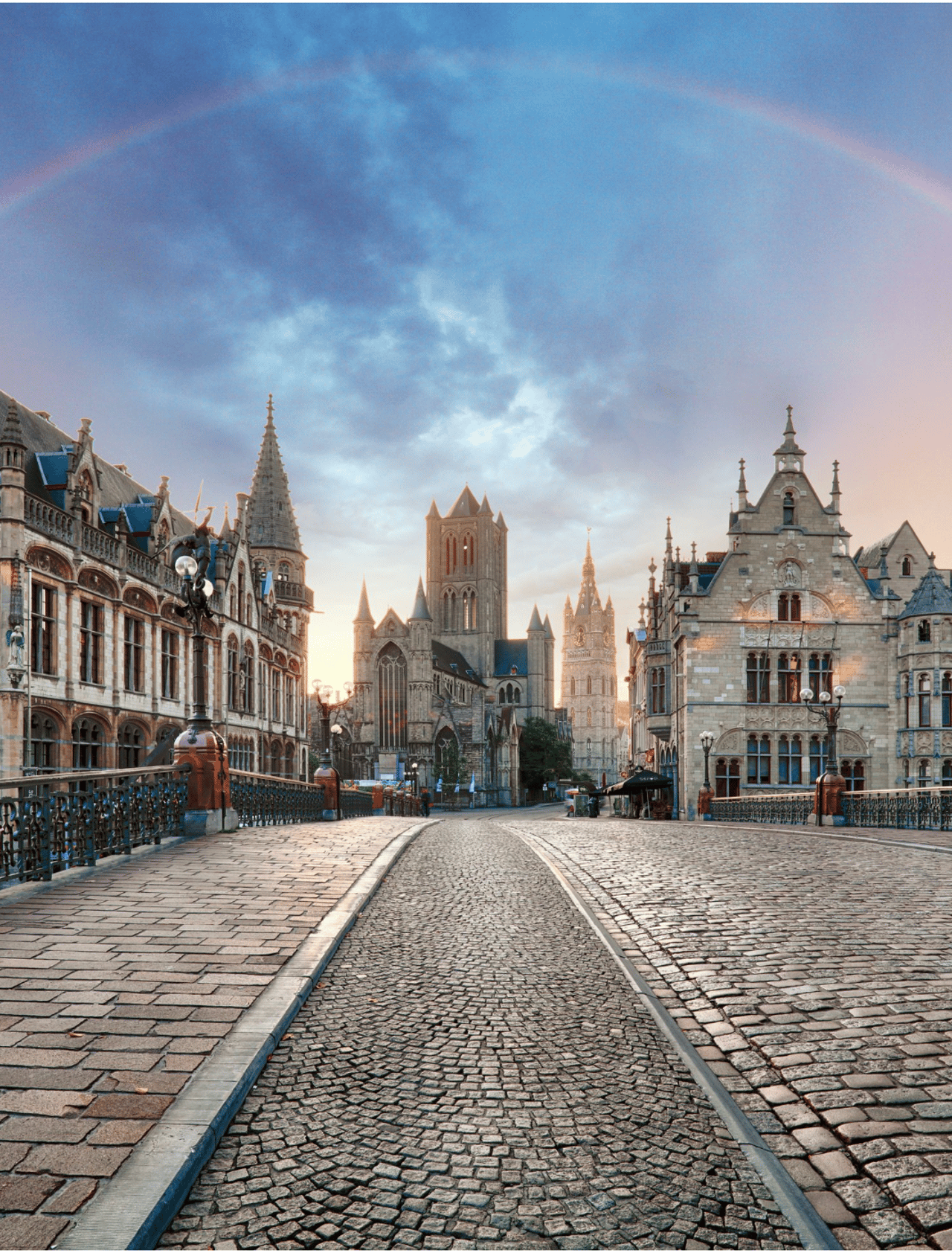 A rainbow over the old town of Ghent, Belgium