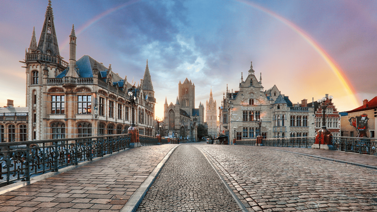 A rainbow over the old town of Ghent, Belgium