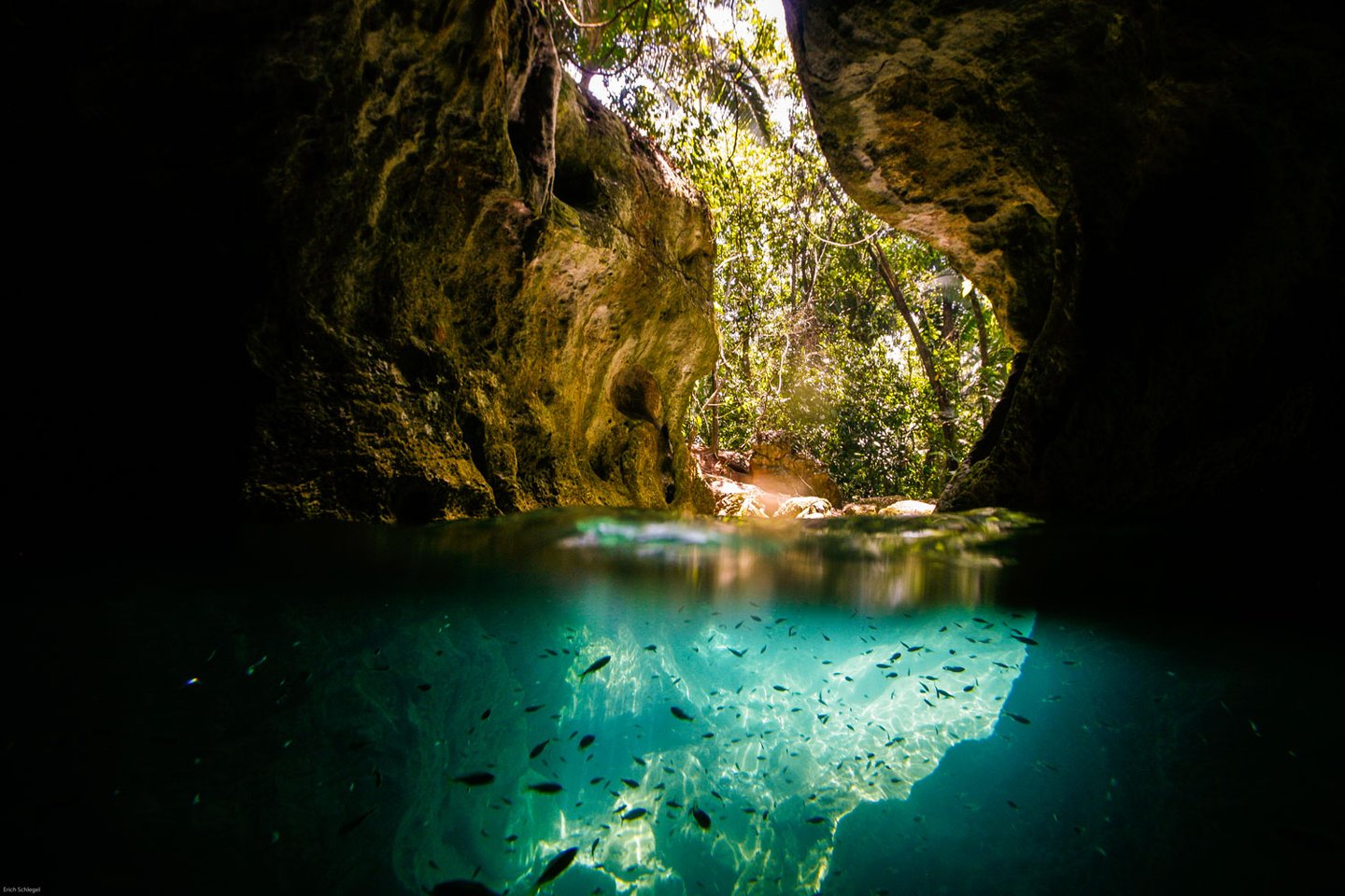 The opening to the ATM Cave in Belize, with fish silhouetted in the underground river