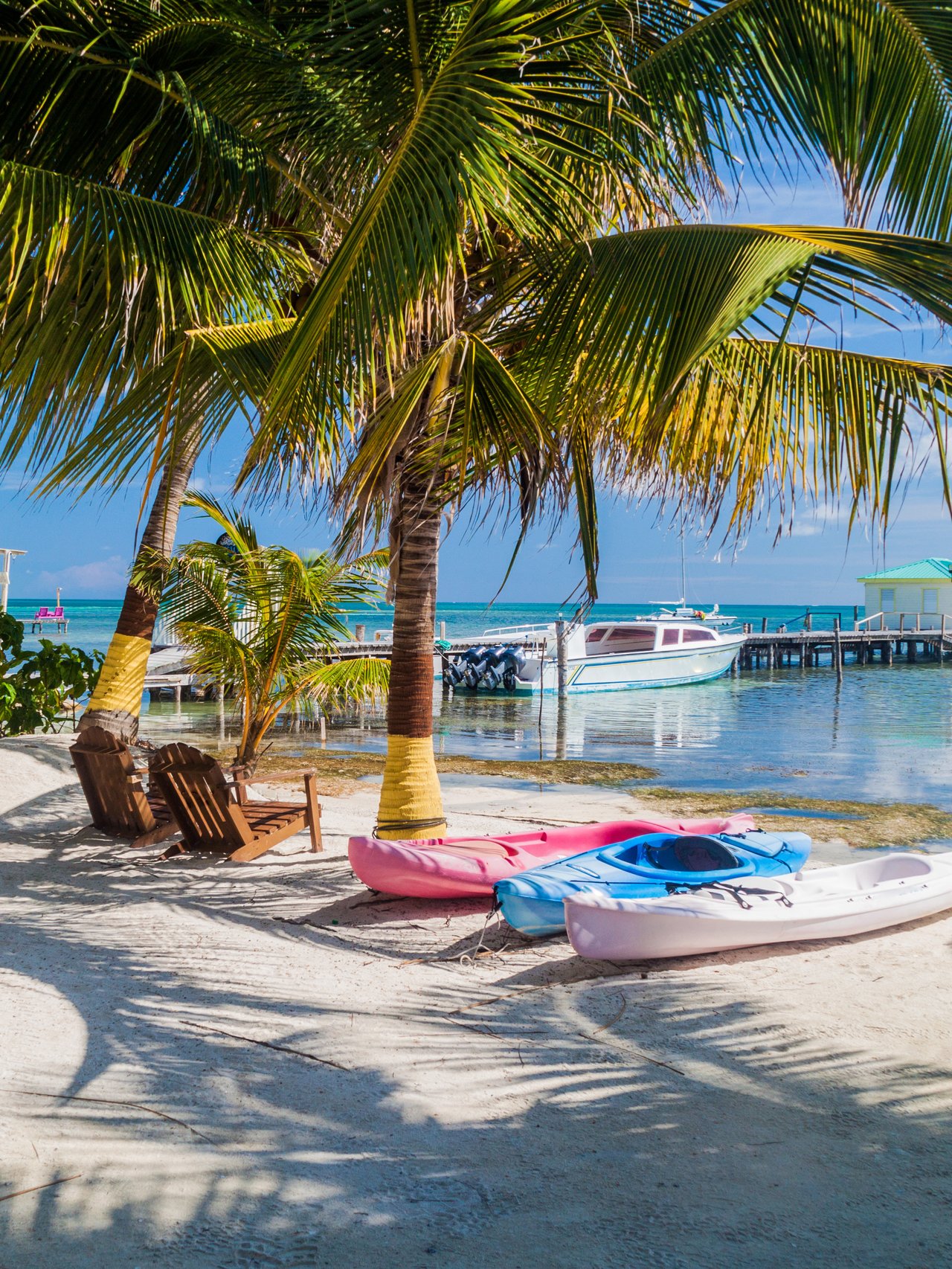 Kayaks and chairs on the beach under palm trees in Caye Caulker, Belize