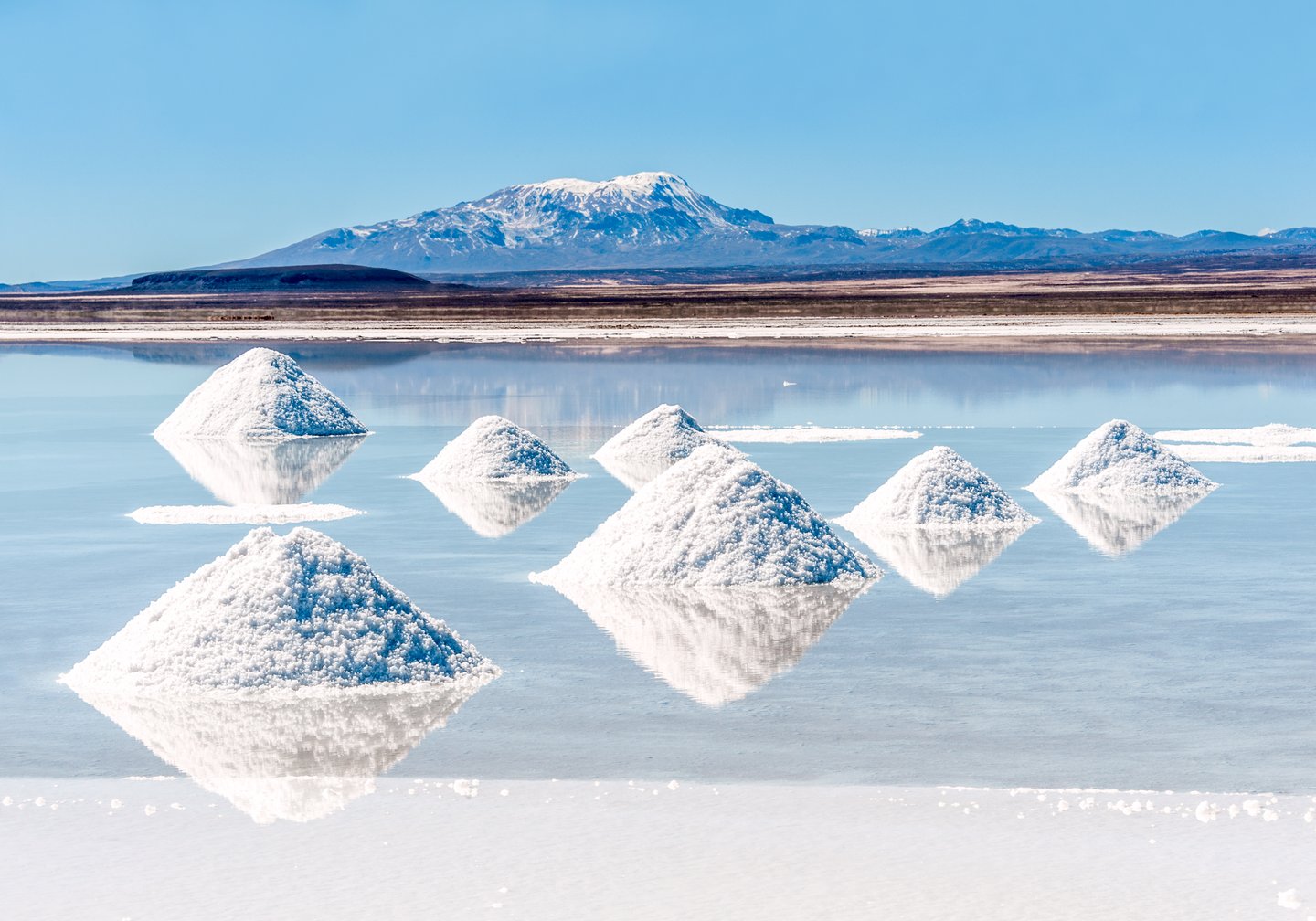 Piles of salt on the salt lake at Salar De Uyuni, Bolivia