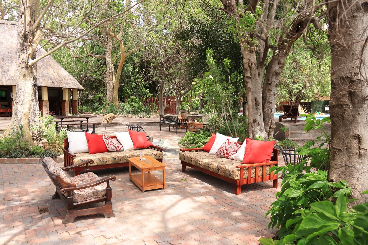 An outdoor lounge at a safari lodge near Maun, Botswana