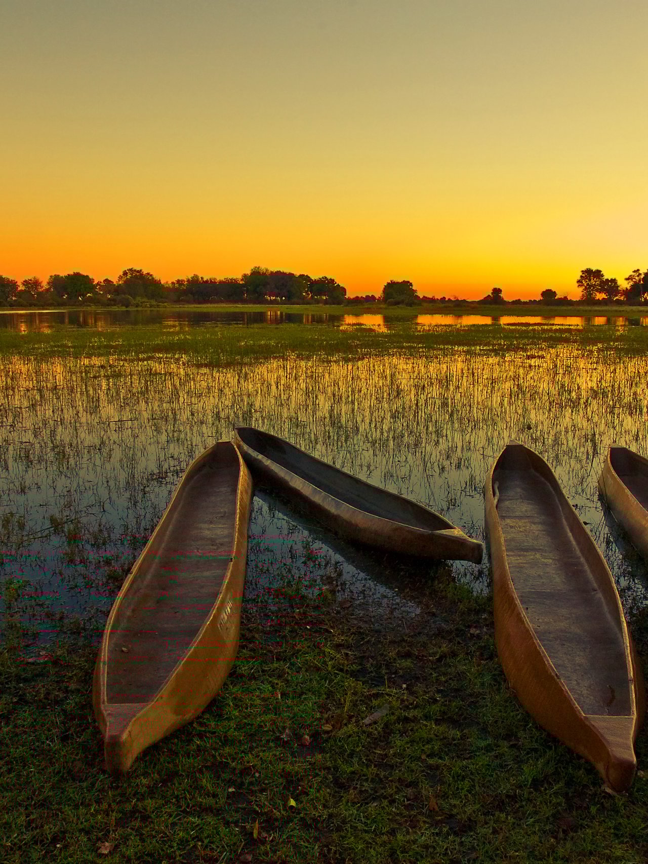 Empty mokoro on the Okavango Delta at runrise