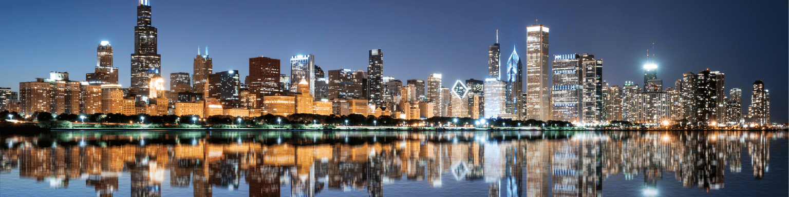 Chicago night skyline across Lake Michigan