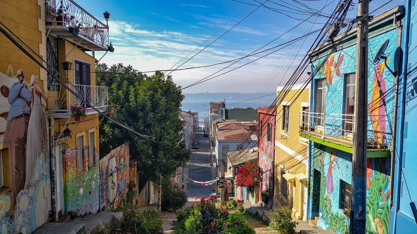 Colourful buildings leading down to the sea in Valparaiso, Chile