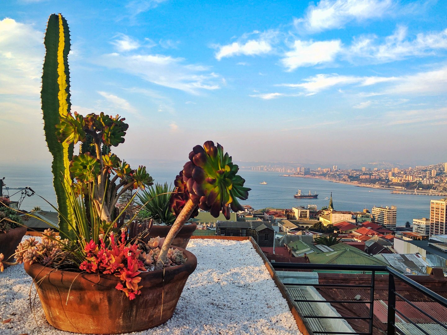 The view from the rooftop terrace at our Valparaiso hotel