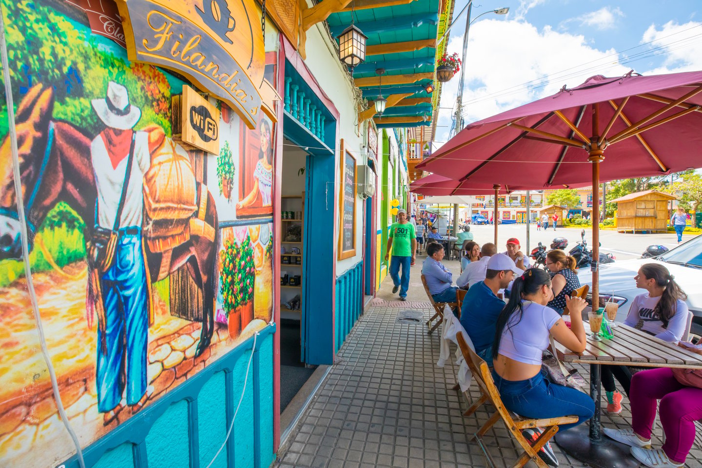 Restaurants and cafes in the main square of Filandia, Colombia