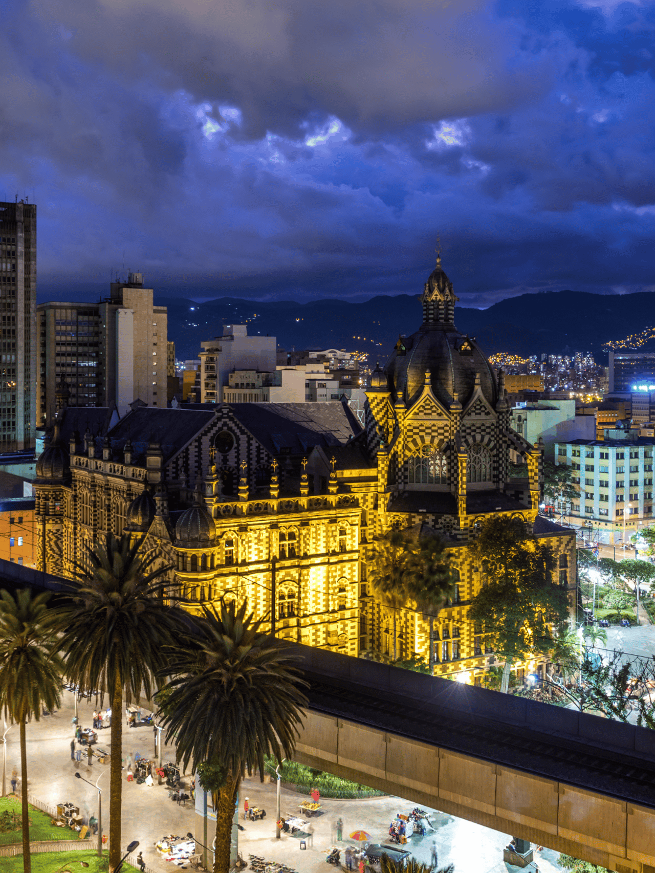 Plaza Botero square and downtown Medellin at dusk in Medellin, Colombia.