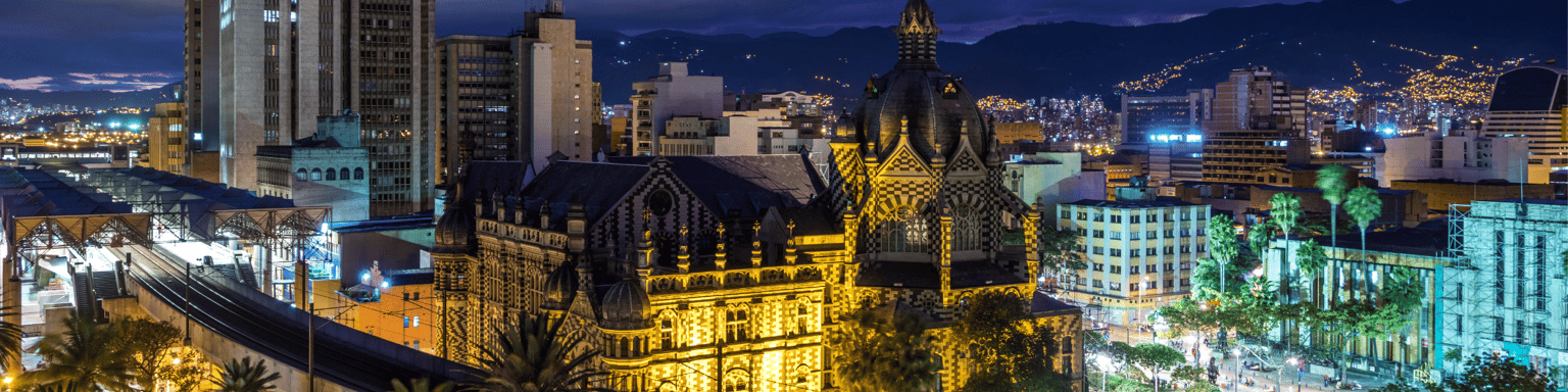 Plaza Botero square and downtown Medellin at dusk in Medellin, Colombia.
