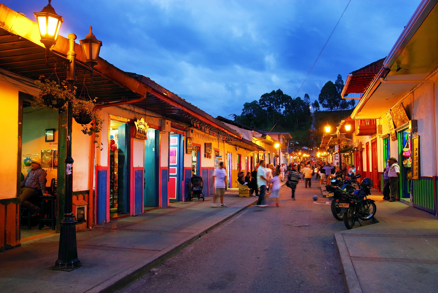 A street in Salento, Colombia at night