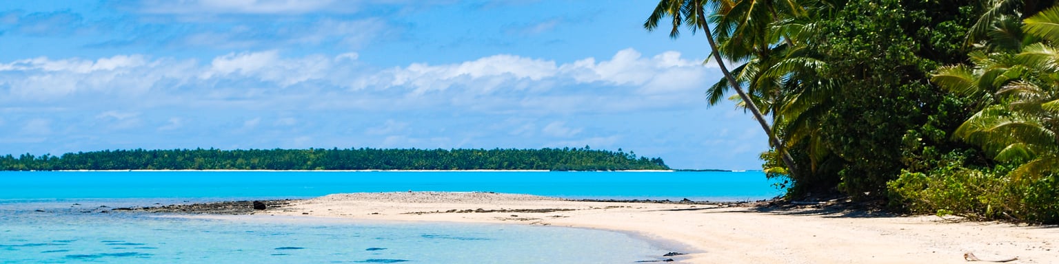 Palm trees by the lagoon on One Foot Island in the Cook Islands