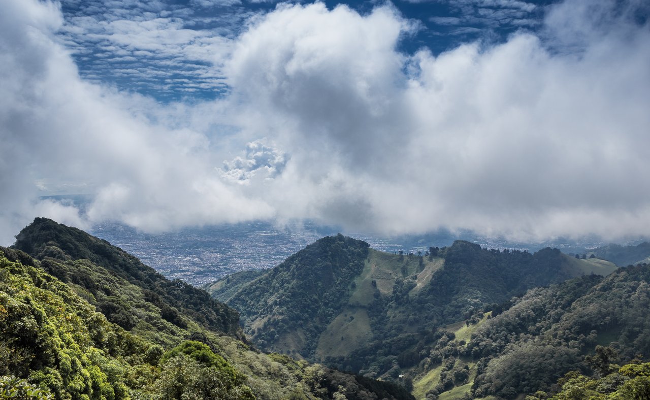 Green hills on a cloudy day in Escazu, Costa Rica.