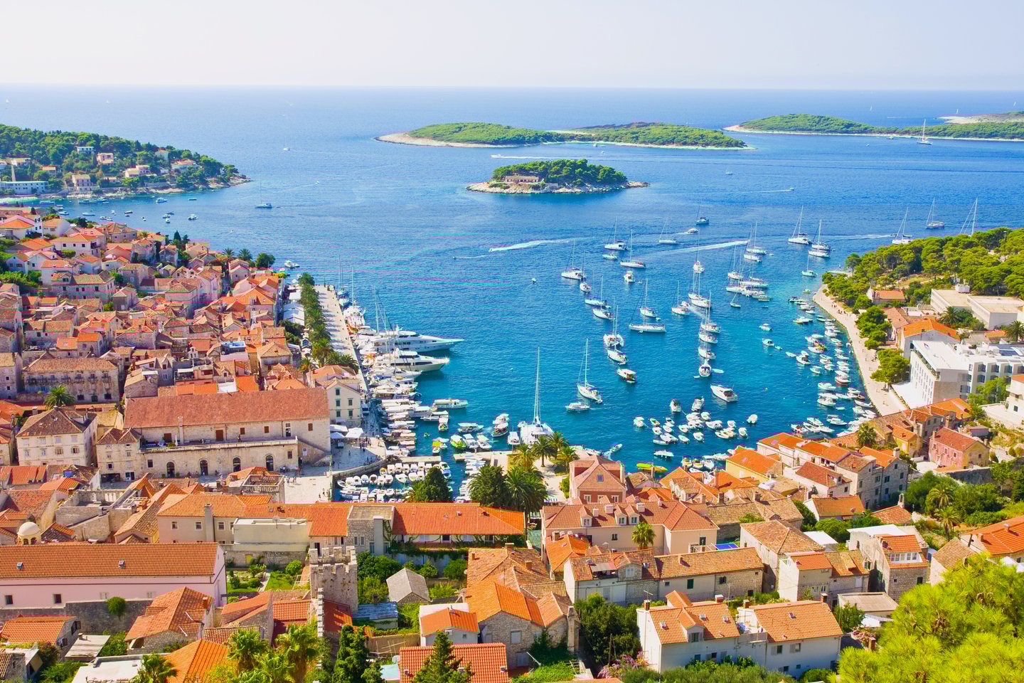 The harbour of Hvar with surrounding islands in the distance.