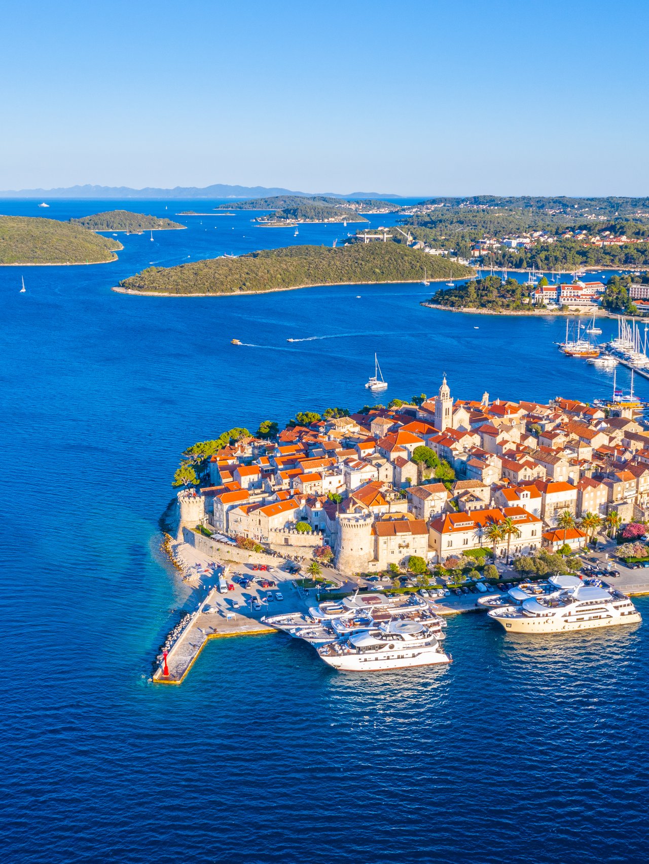 An aerial view of Korcula's old town and nearby islands