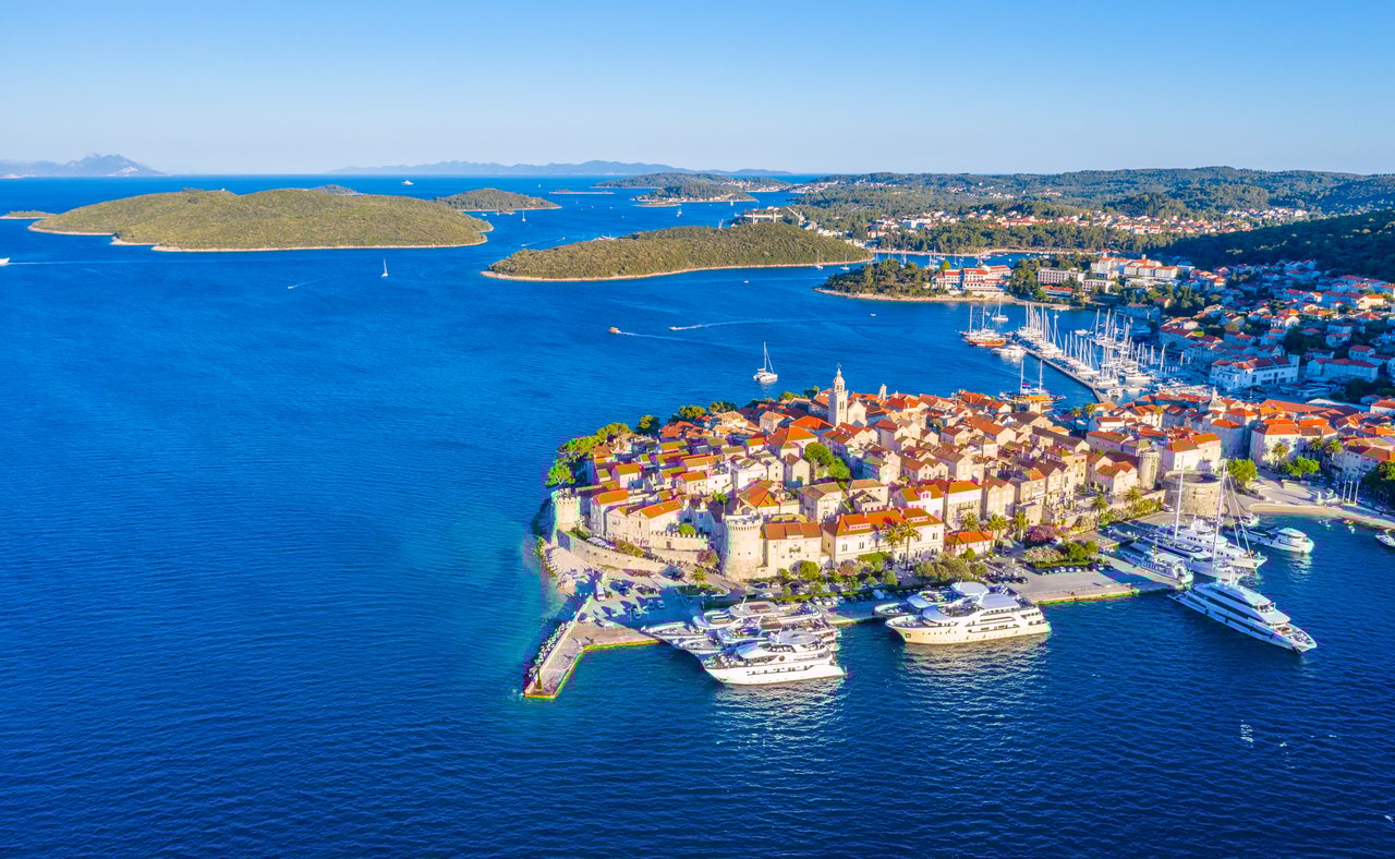 An aerial view of Korcula's old town and nearby islands