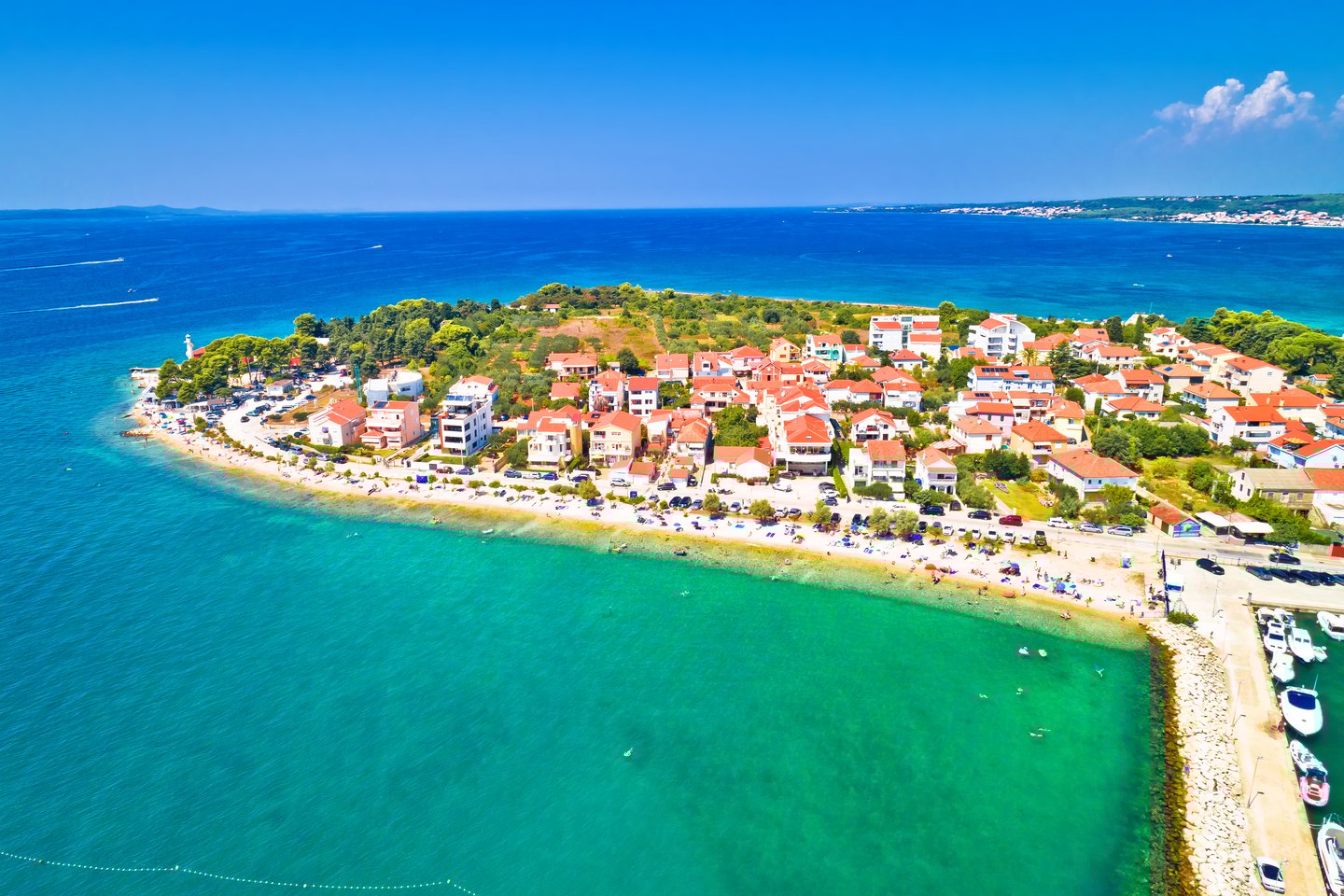 An aerial view of the beaches on Zadar's Puntamika Peninsula in Croatia.