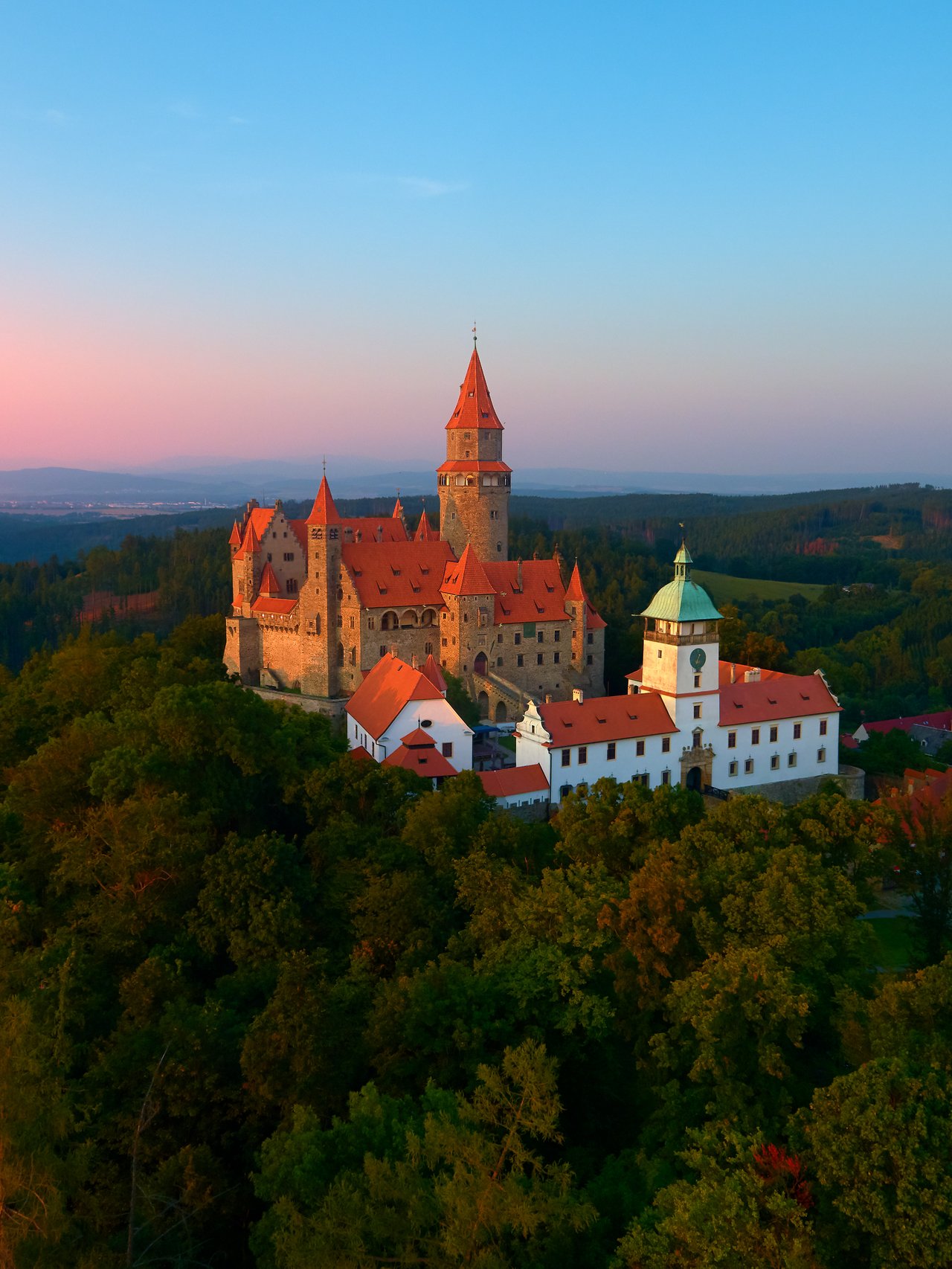 An aerial view of the medieval Bouzov Castle in the Czech Republic.
