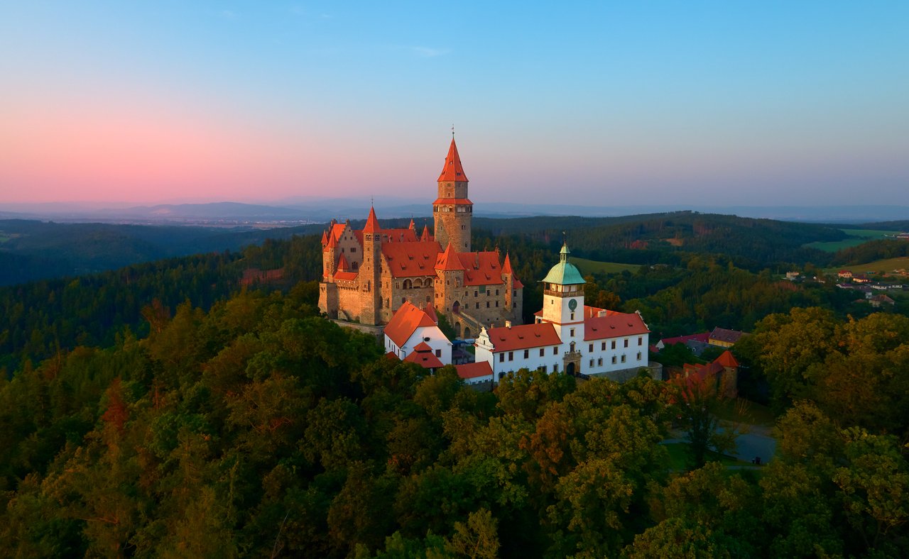 An aerial view of the medieval Bouzov Castle in the Czech Republic.