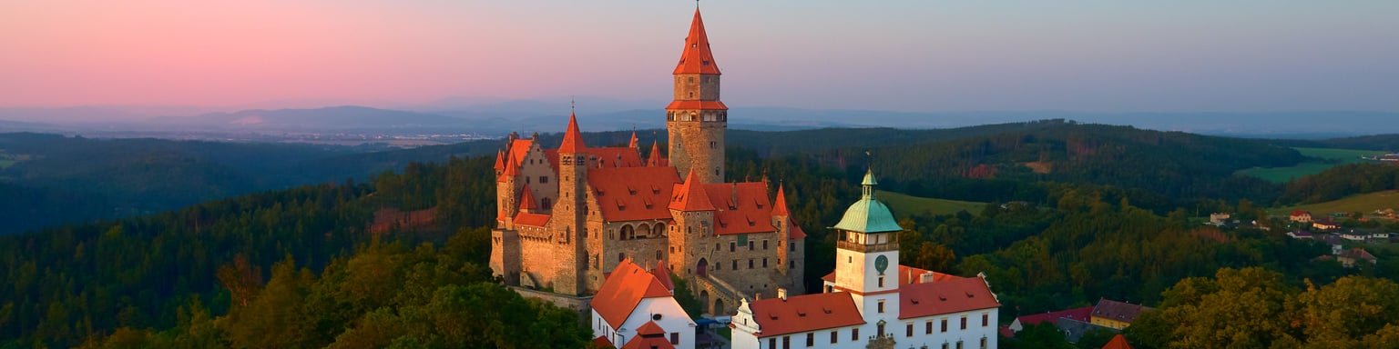 An aerial view of the medieval Bouzov Castle in the Czech Republic.