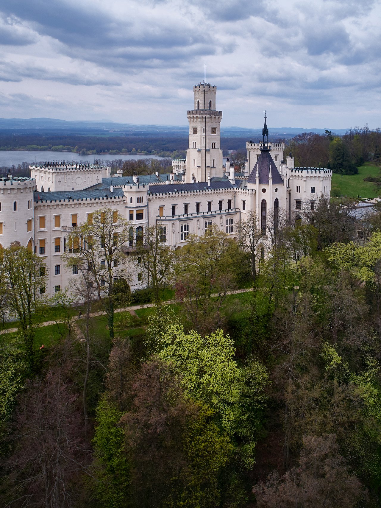 An aerial view of Hluboka Castle in the Czech Republic.