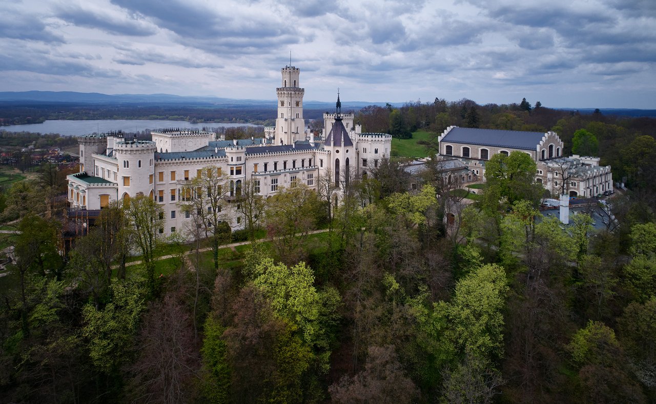 An aerial view of Hluboka Castle in the Czech Republic.