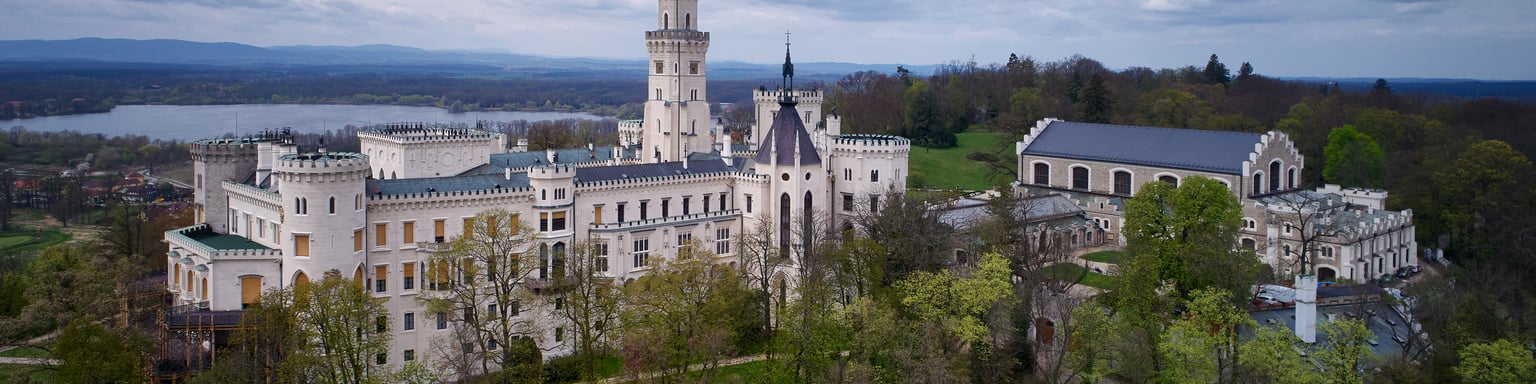 An aerial view of Hluboka Castle in the Czech Republic.