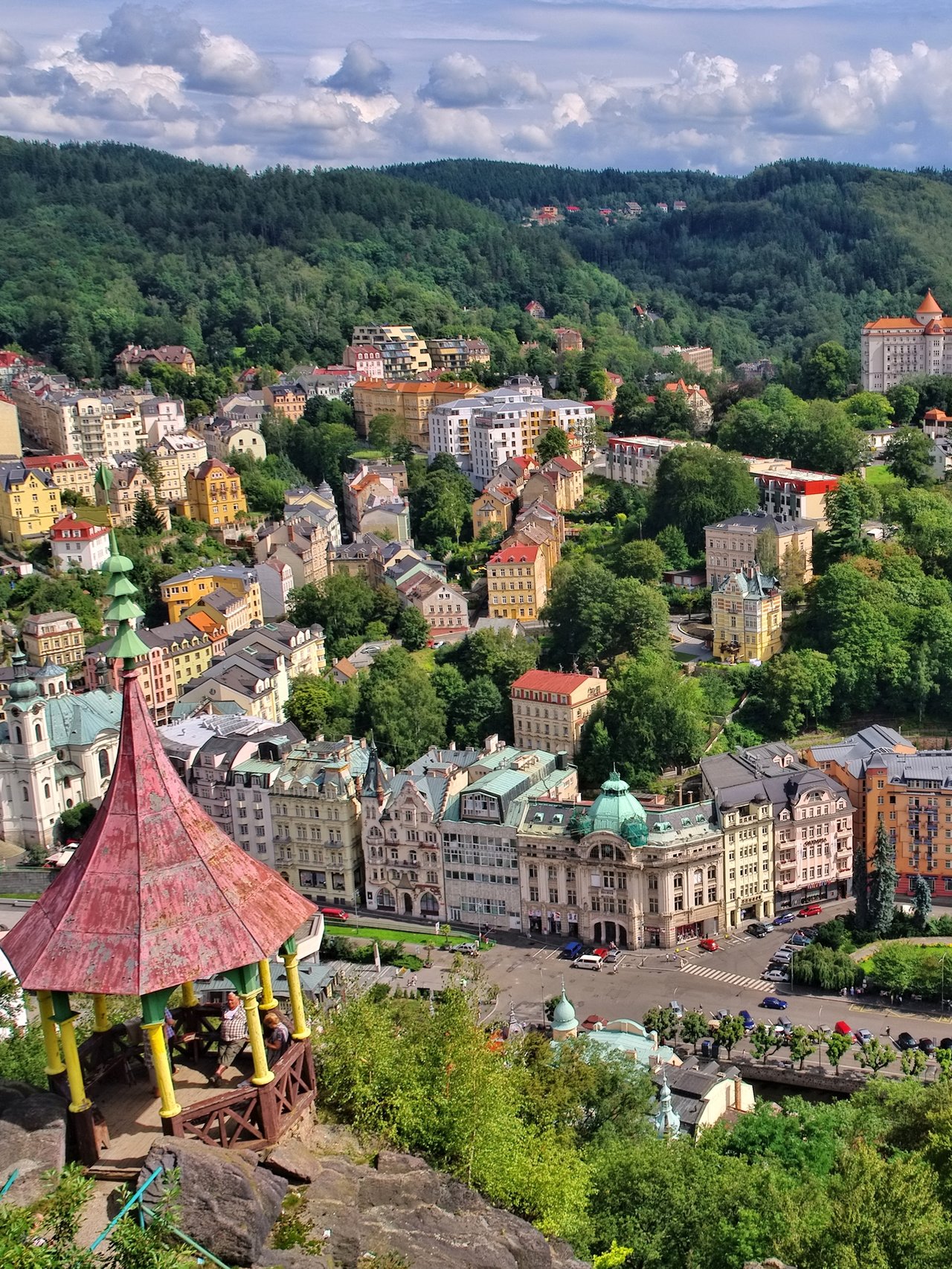 Looking down at Karlovy Vary, a spa town in the Czech Republic