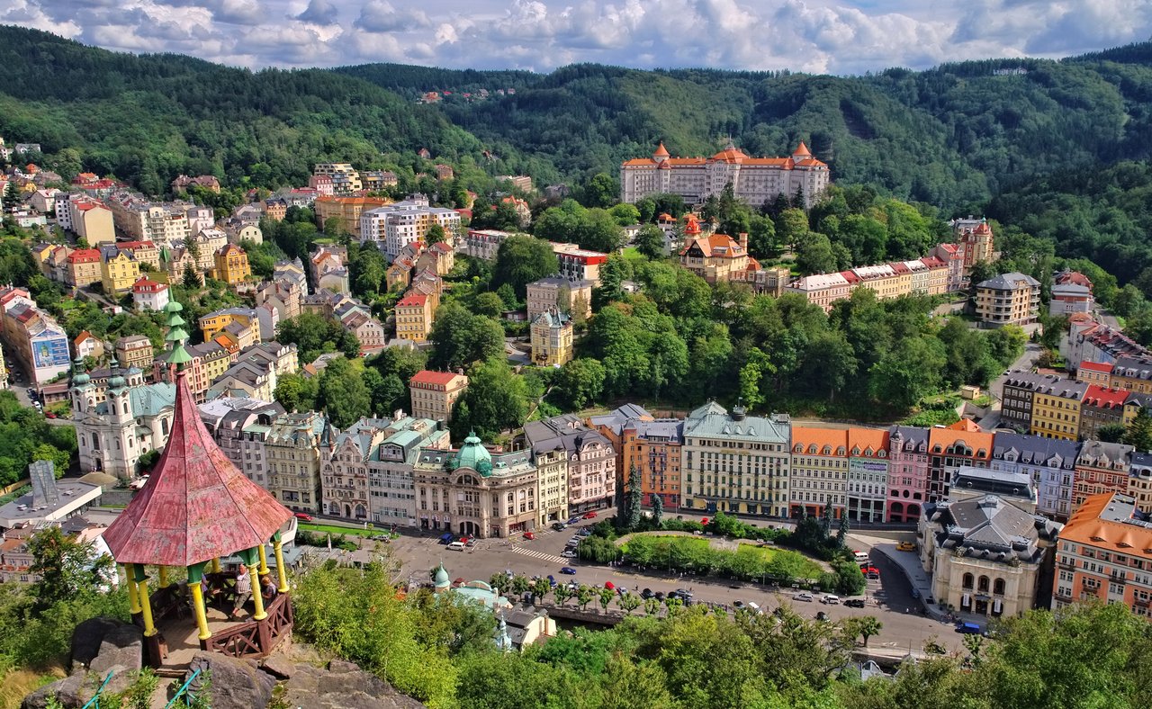 Looking down at Karlovy Vary, a spa town in the Czech Republic