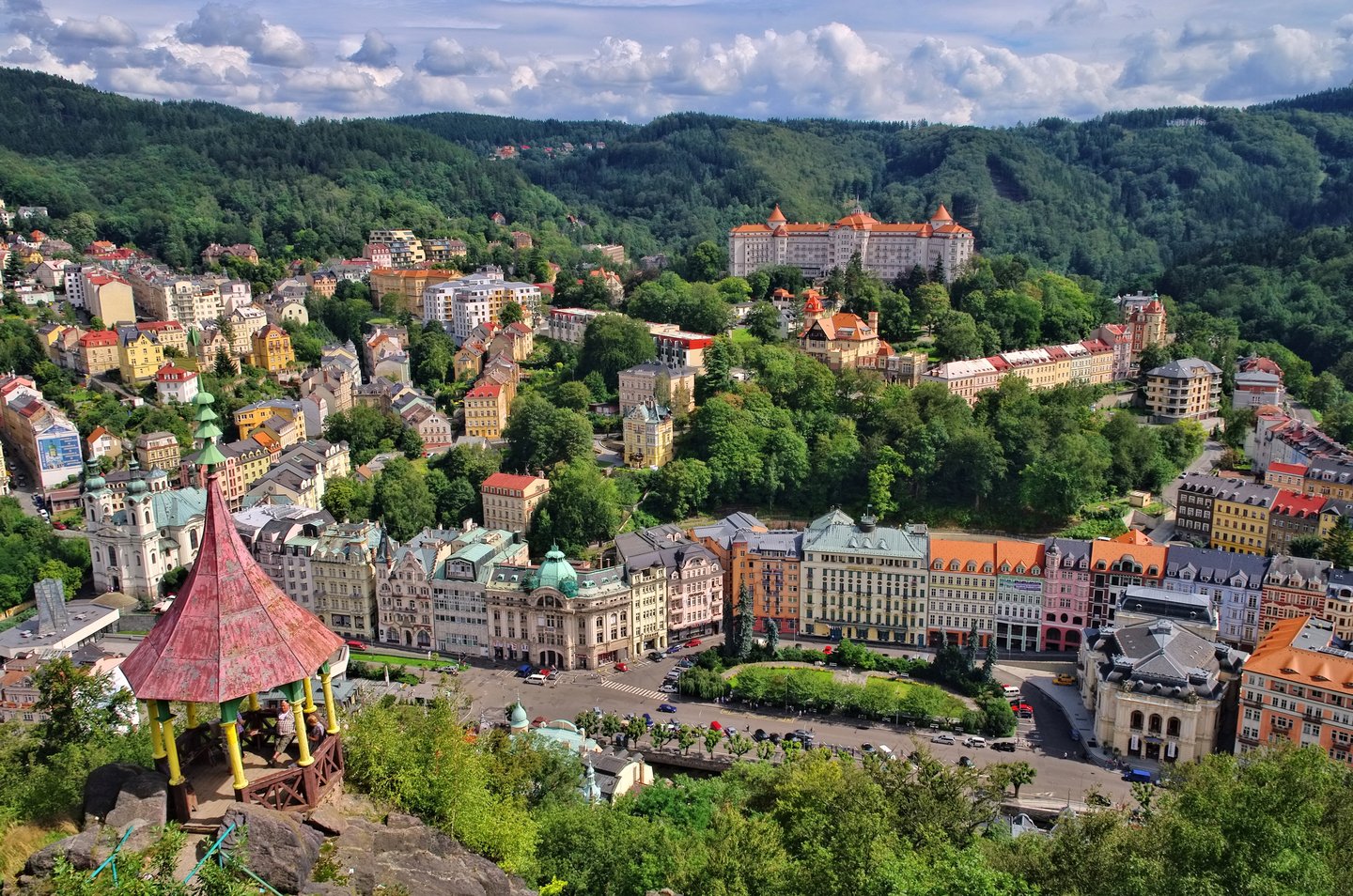 Looking down at Karlovy Vary, a spa town in the Czech Republic