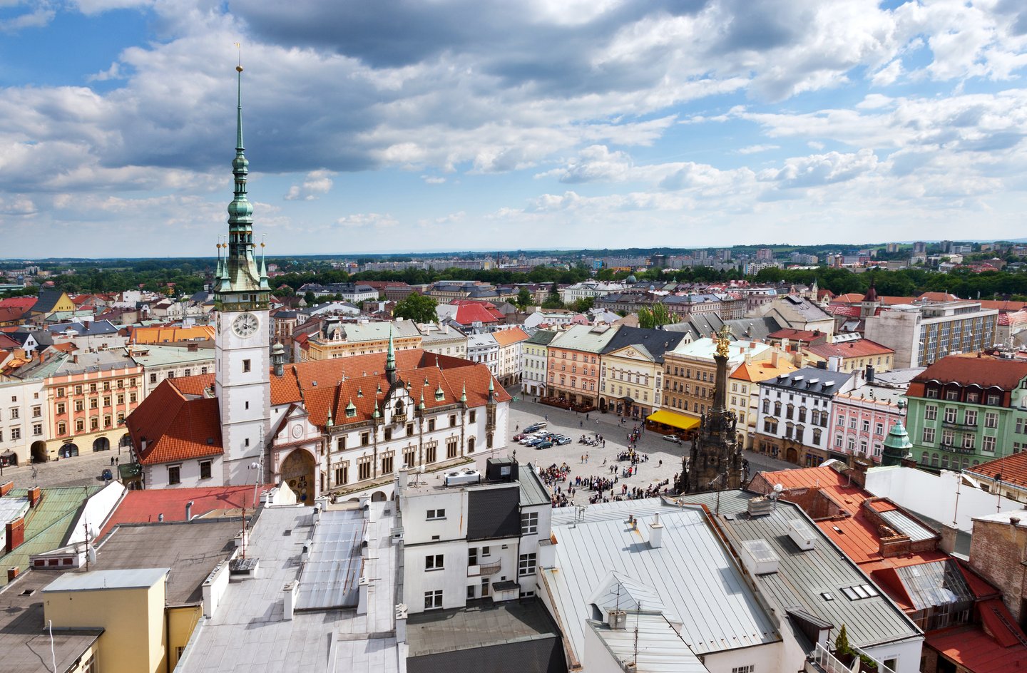 An aerial view of the town square in Olomouc, Czech Republic