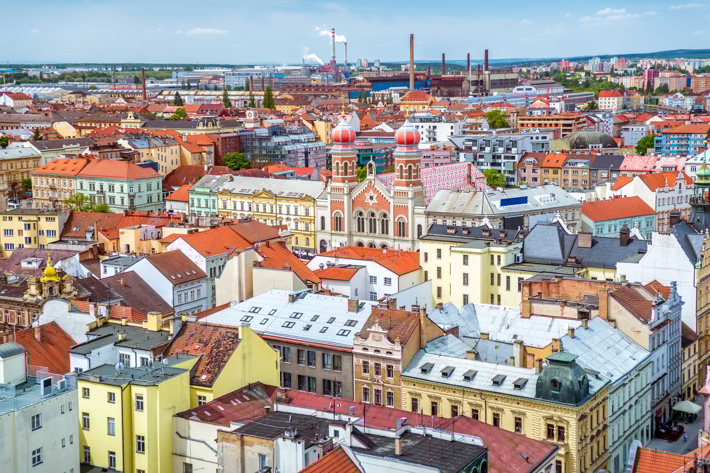 Looking down at houses and the Great Synagogue in Plzeň, Czech Republic