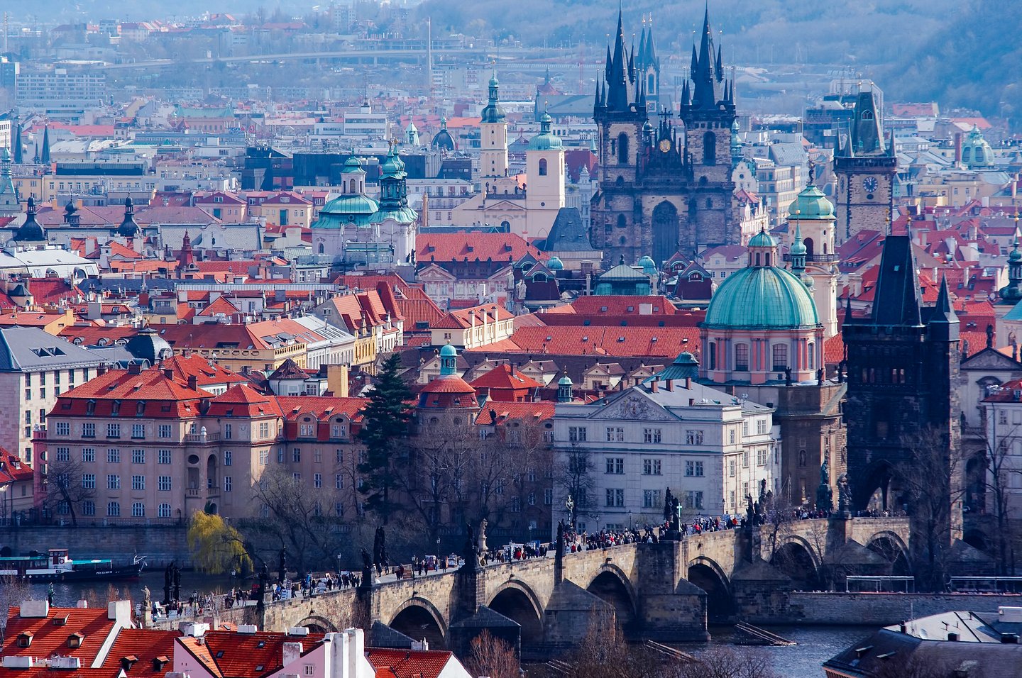 An aerial view of Charles Bridge and Prague Old Town