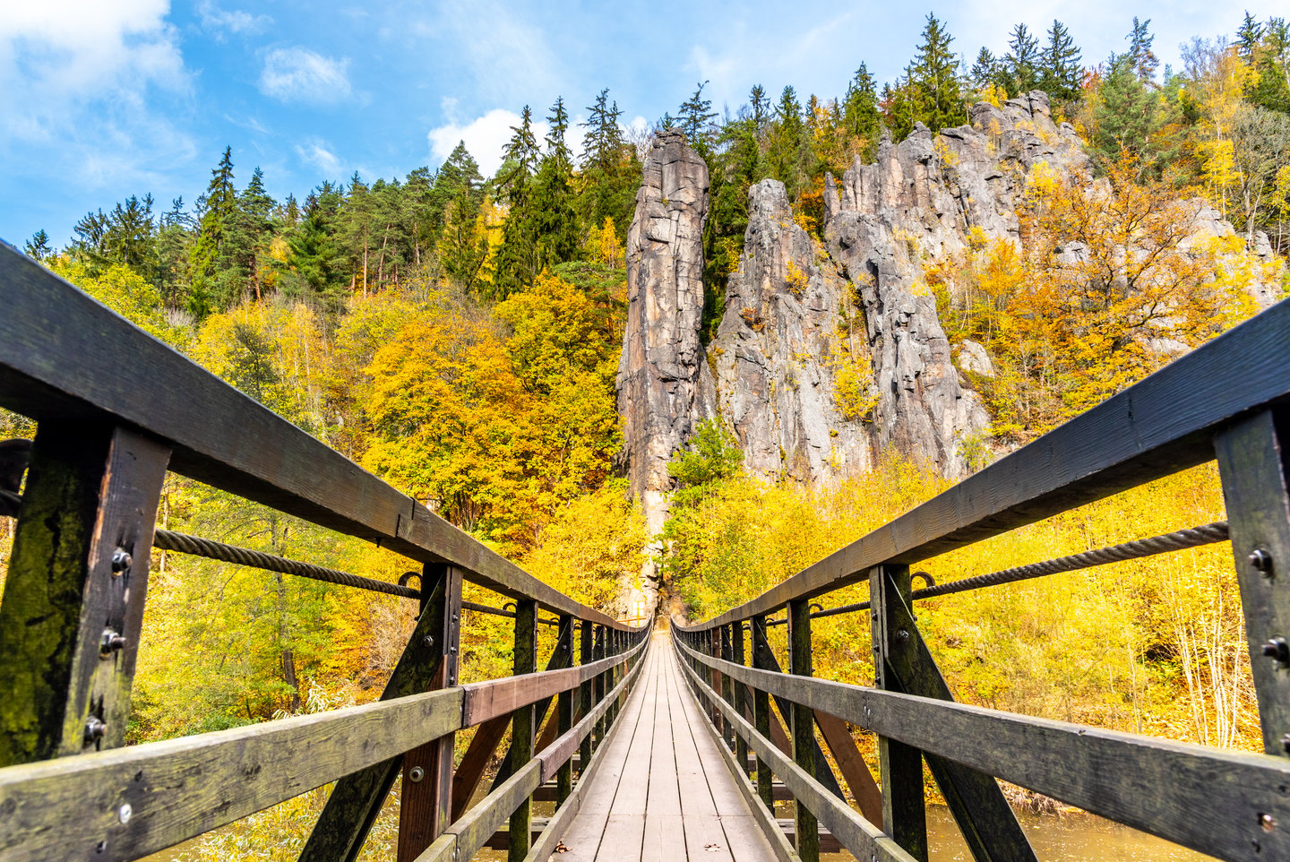 A swing Bridge over Ohre River on a hike