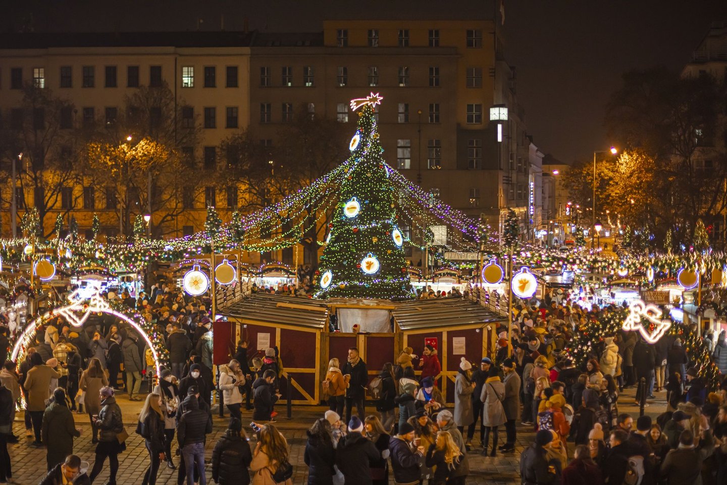 People at a Christmas market in Prague
