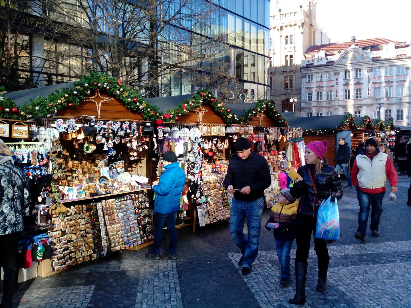 People shopping at a Christmas Market in Prague.