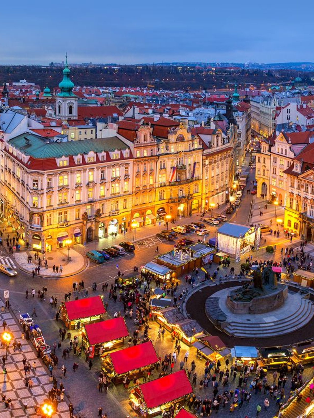 An aerial view of Prague's Old Town at Christmas