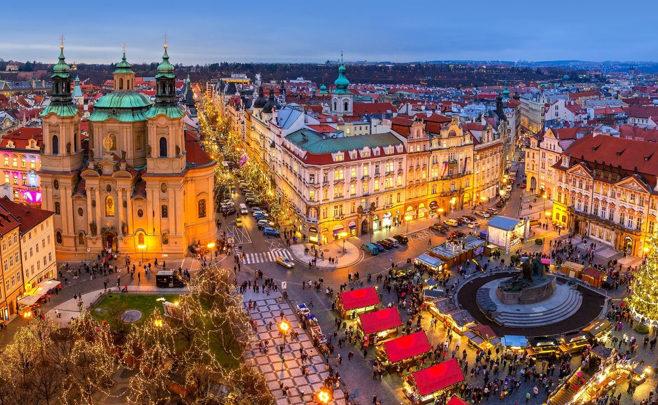 An aerial view of Prague's Old Town at Christmas