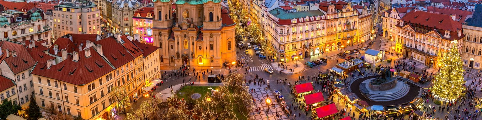 An aerial view of Prague's Old Town at Christmas