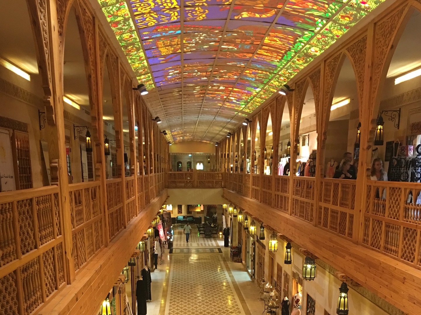 The interior of Wafi Mall, with a stained glass ceiling