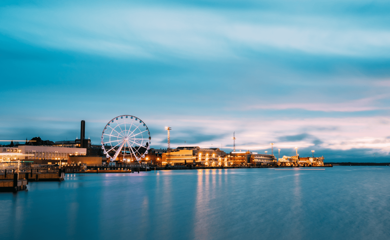 Helsinki nighttime view with the ferris wheel 