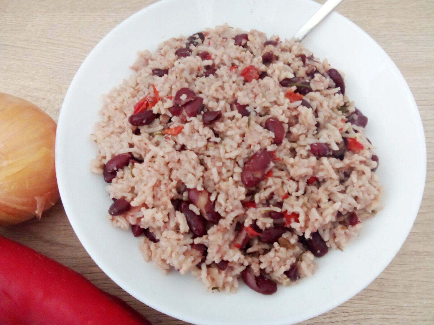 A bowl of Belizean red beans and rice