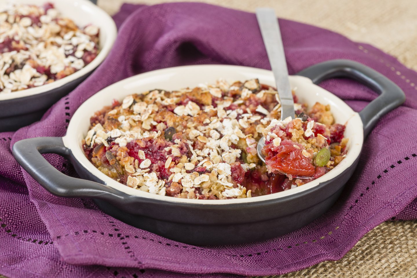 A mixed berry and almond crumble