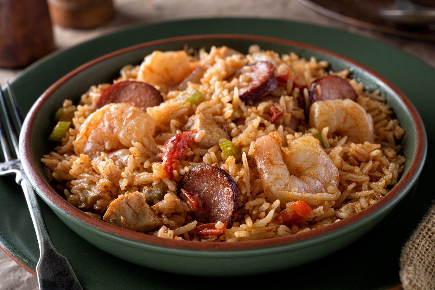 A bowl of Cajun-style jambalaya