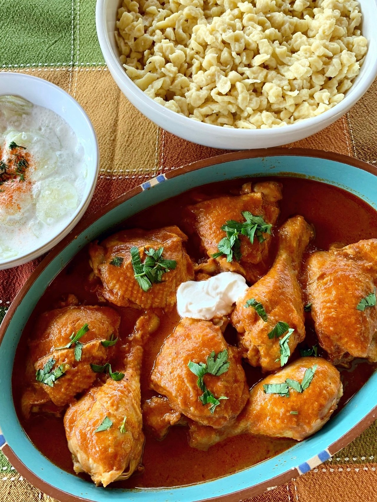Chicken Paprikash with dumplings and cucumber salad