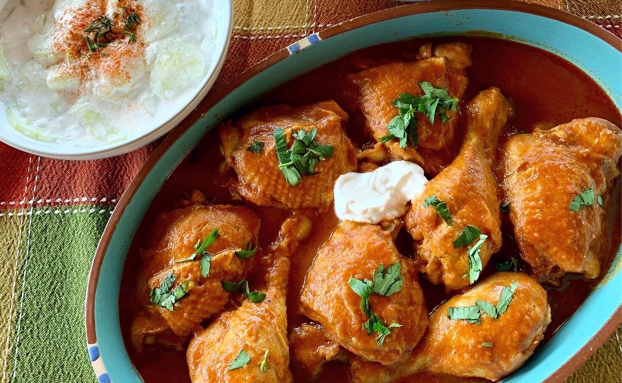 Chicken Paprikash with dumplings and cucumber salad
